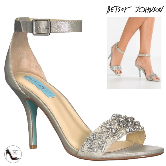 Betsey Johnson Shoes - Betsey Johnson Gina Jeweled Ankle Strap Dress Sandals Silver Satin Stiletto Heel